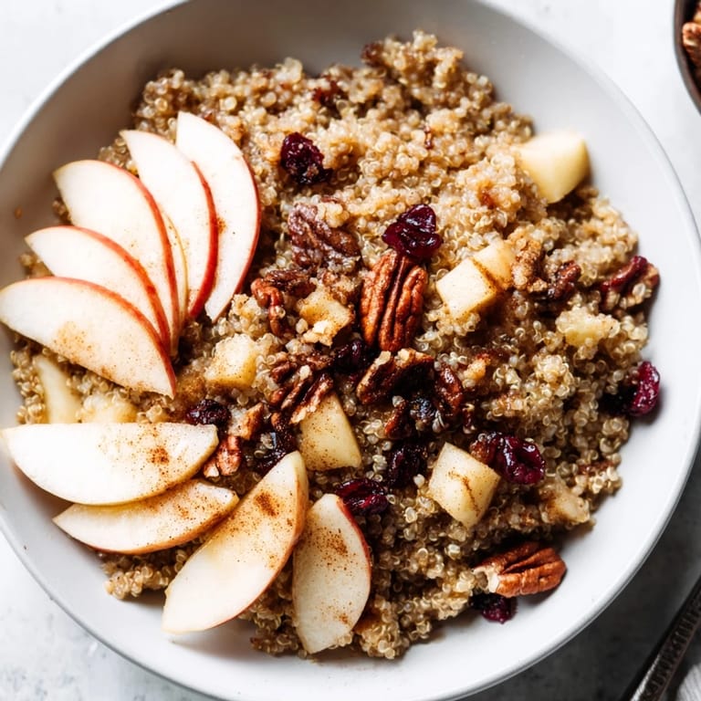 Fluffy Apple Cinnamon Quinoa Bowl, garnished with nuts and fruit, offering a comforting, gluten-free meal.