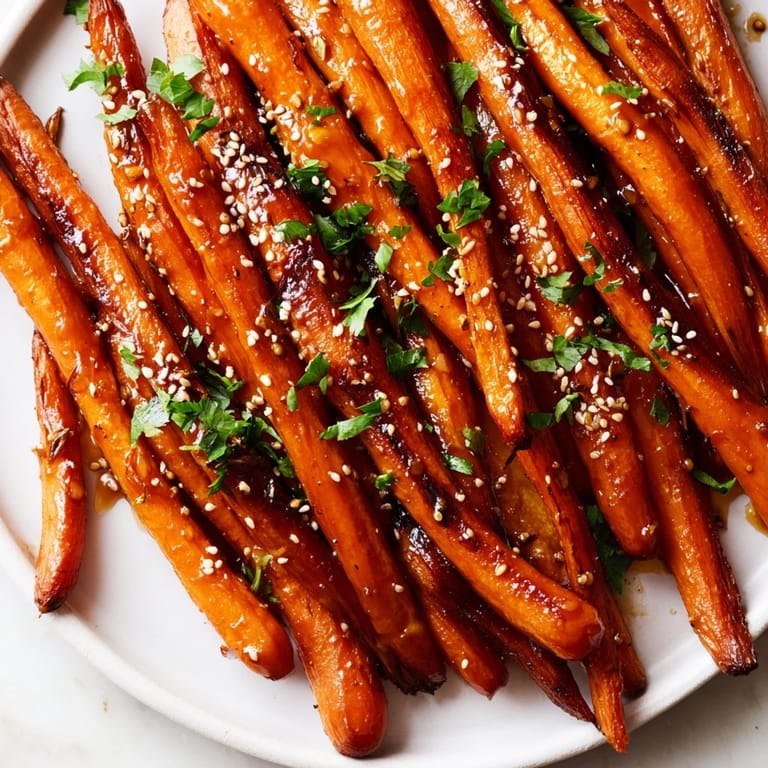 Savory and sweet Maple Mustard Roasted Carrots, an easy, healthy side dish with parsley garnish.