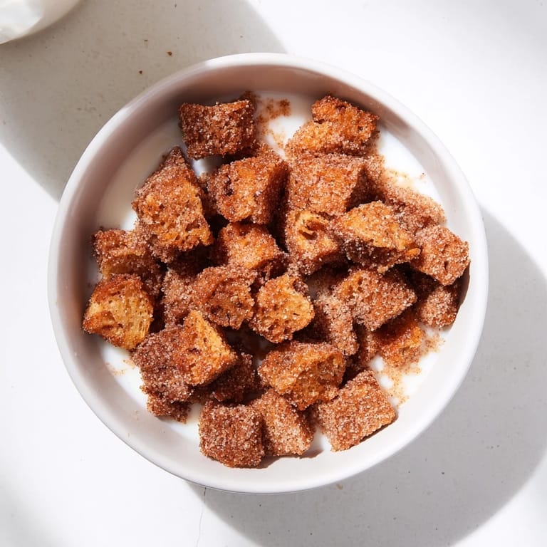 Warm, sugary French Toast Cereal glistening, offering a sweet bite, ready in a breakfast bowl.