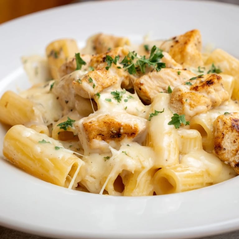 A close-up of a creamy Chicken Alfredo Bake, featuring melted cheese and tender chicken pieces.