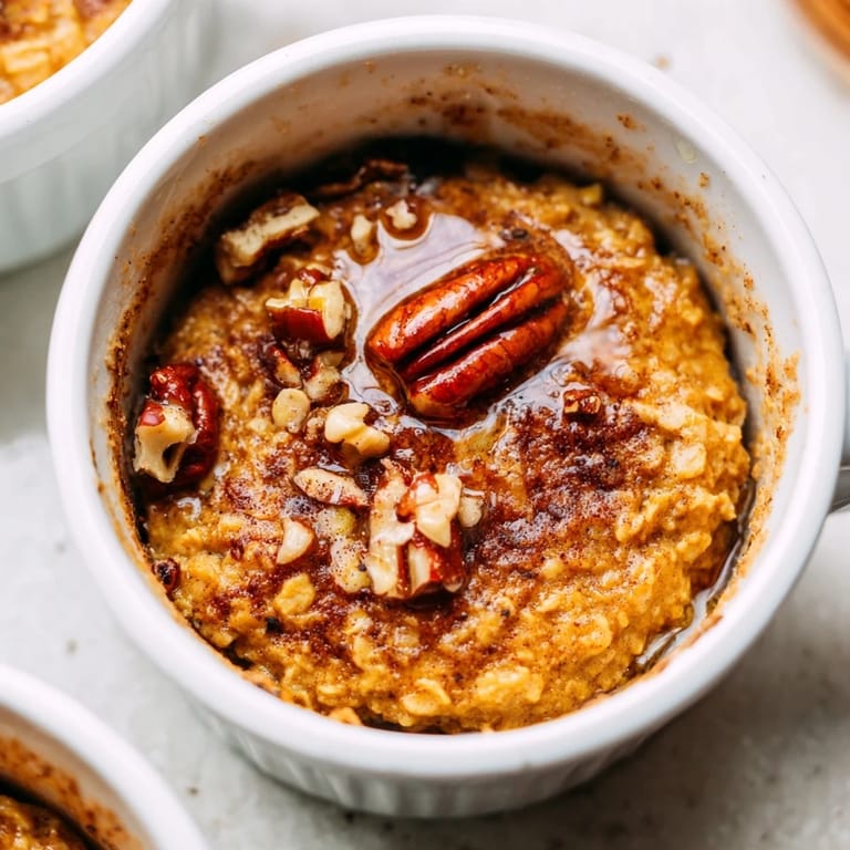 A ramekin of pumpkin spice baked oats steaming, hinting at the warm, spiced flavors.