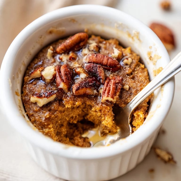 Close-up of luscious pumpkin spice baked oats with visible oats, ready to be enjoyed.
