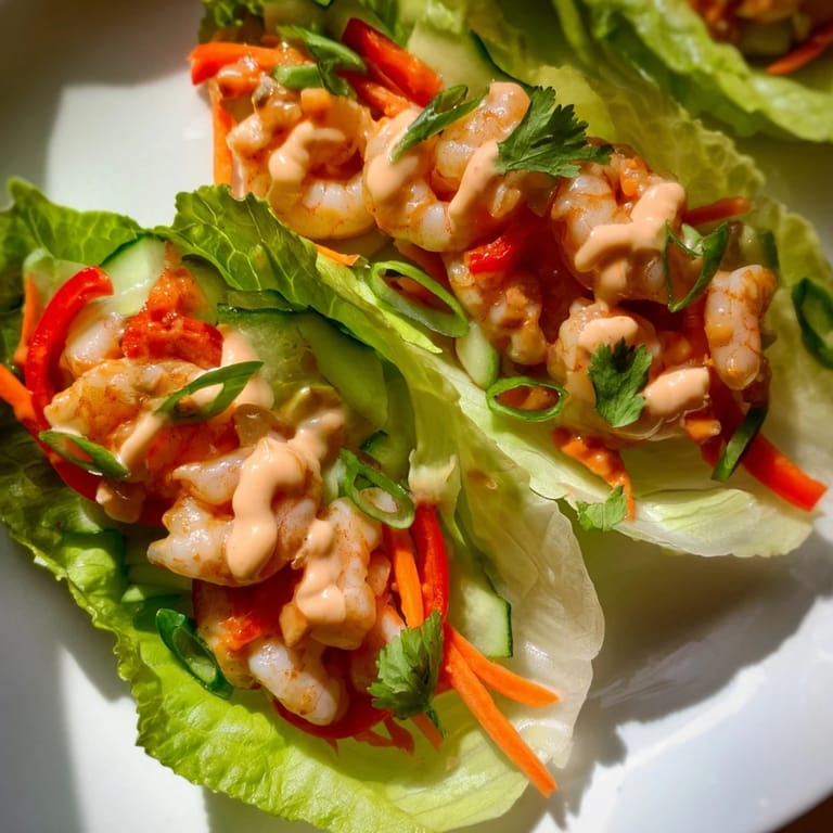 Close-up of fresh shrimp lettuce cups: perfectly arranged ingredients, featuring tender shrimp and colorful vegetables.