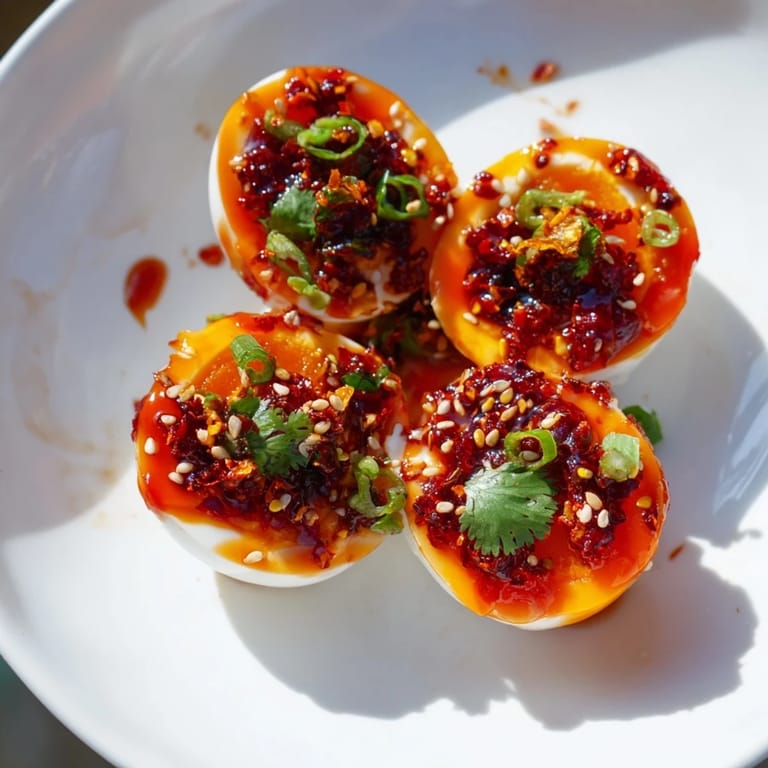 Close-up of savory Chili Oil Eggs: the runny yolk and chili oil create a delicious, flavorful breakfast.