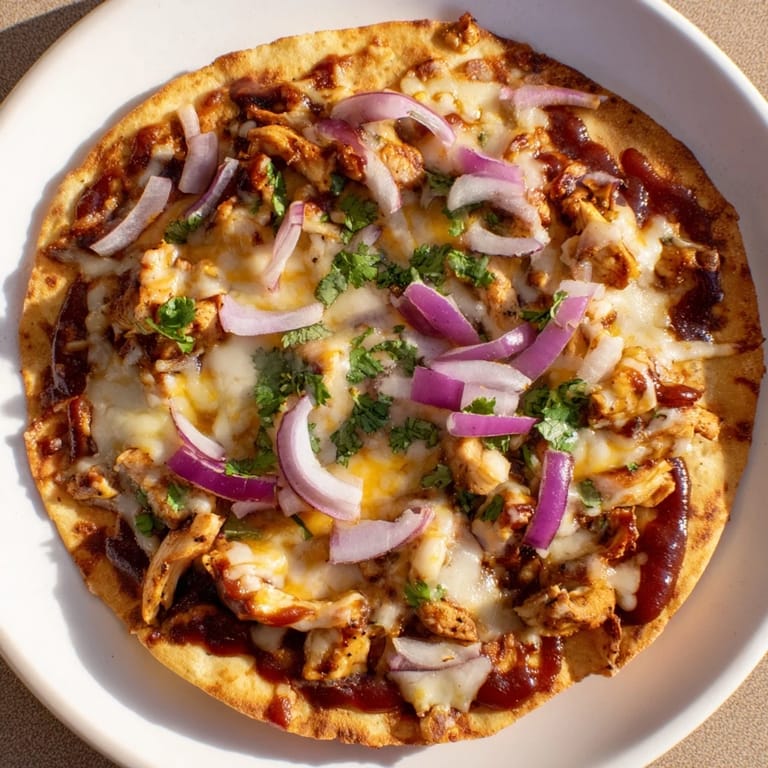 A close-up of a flavorful BBQ Chicken Flatbread, ready to be sliced for a savory meal.