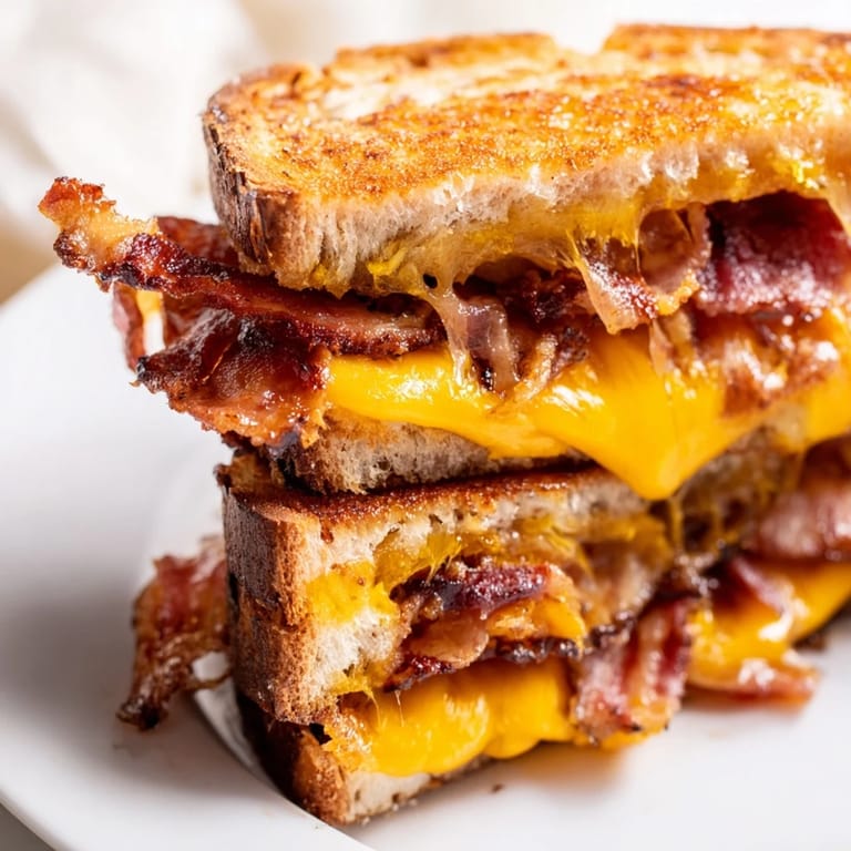 Savory and cheesy, this Crispy Bacon Cheddar Grilled Cheese offers a comforting, crunchy, and delicious meal.
