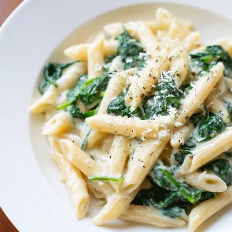 Enjoy a steaming bowl of creamy spinach pasta, garnished with parmesan and fresh pepper.