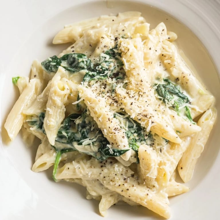 Vibrant image of creamy spinach pasta, a weeknight favorite: spinach nestled between pasta strands.