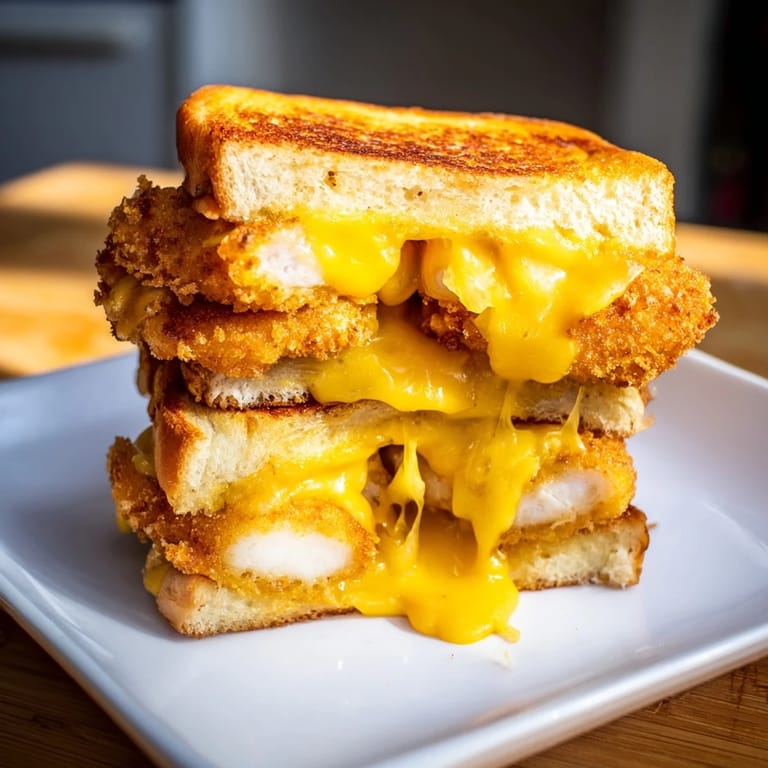 Melted cheese surrounds warm, golden chicken nuggets in this easy, flavorful grilled cheese sandwich.