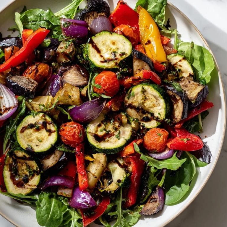 Enjoy a warm bowl of Roasted Vegetable Salad, a delicious vegetarian dish, ready to eat.