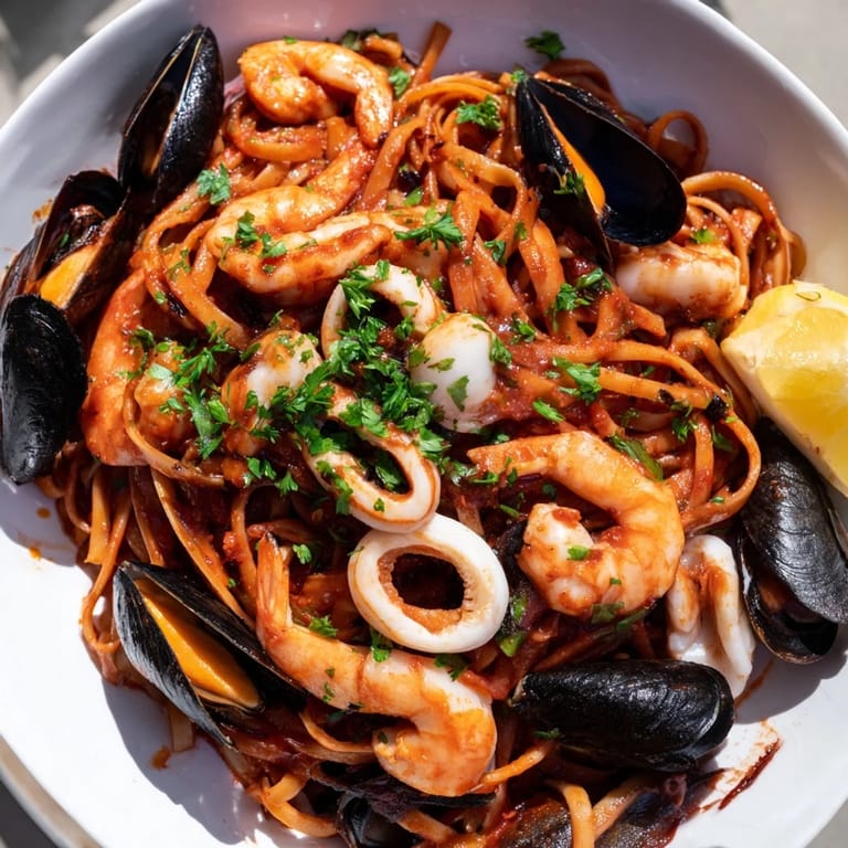 A beautiful bowl of Seafood Marinara Pasta, glistening with olive oil and fresh parsley garnish.