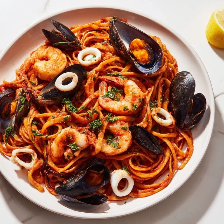 Flavorful Seafood Marinara Pasta with tender squid, ready to be enjoyed with a squeeze of lemon.
