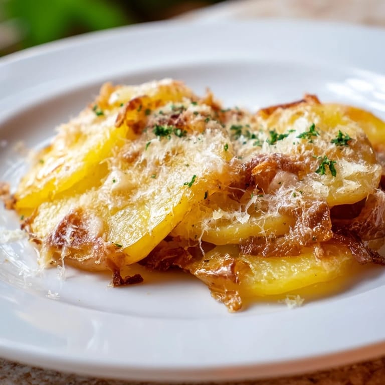 Melted Gruyère blankets the caramelized onions layered on the French Onion Soup Potatoes, ready to serve.