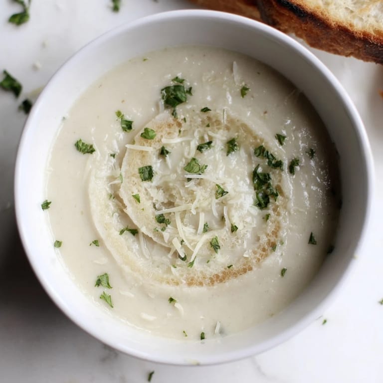 Thick, velvety Creamy Garlic Bread Soup with toasted bread croutons floating on top, steaming hot.