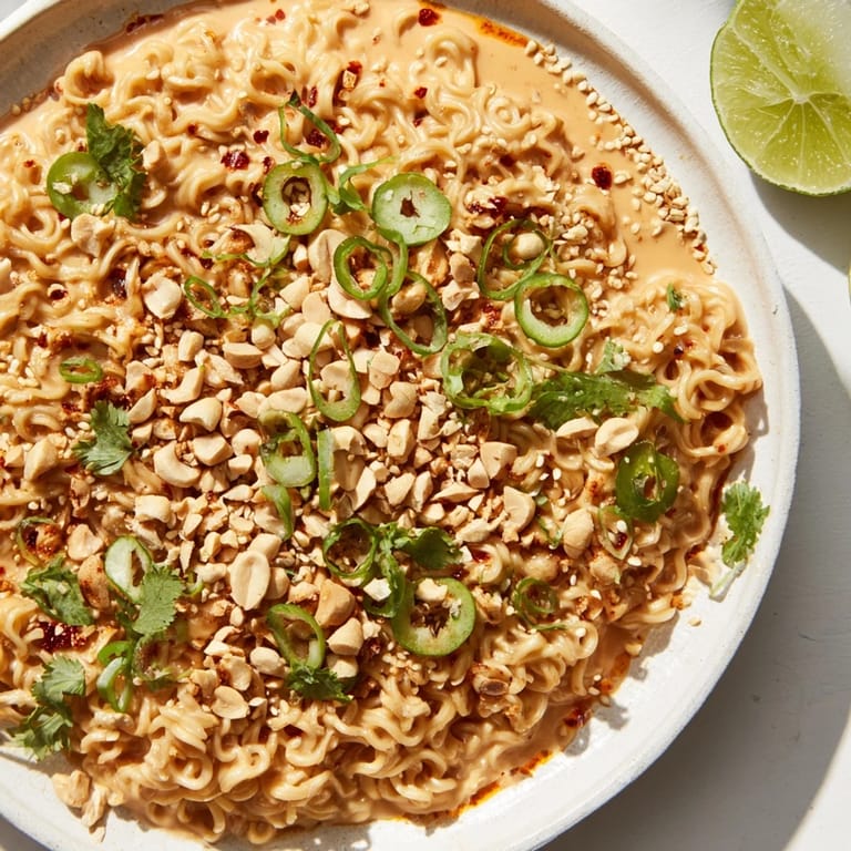 A close-up of finished Instant Peanut Thai Sauce Noodles, ready to eat, topped with chopped peanuts and green onions.