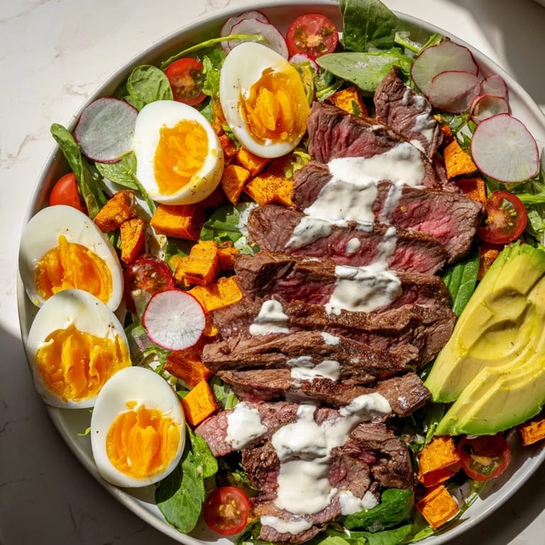 This High-Protein Beef Avocado Bowl showcases tender beef slices nestled among fresh greens and a jammy egg.