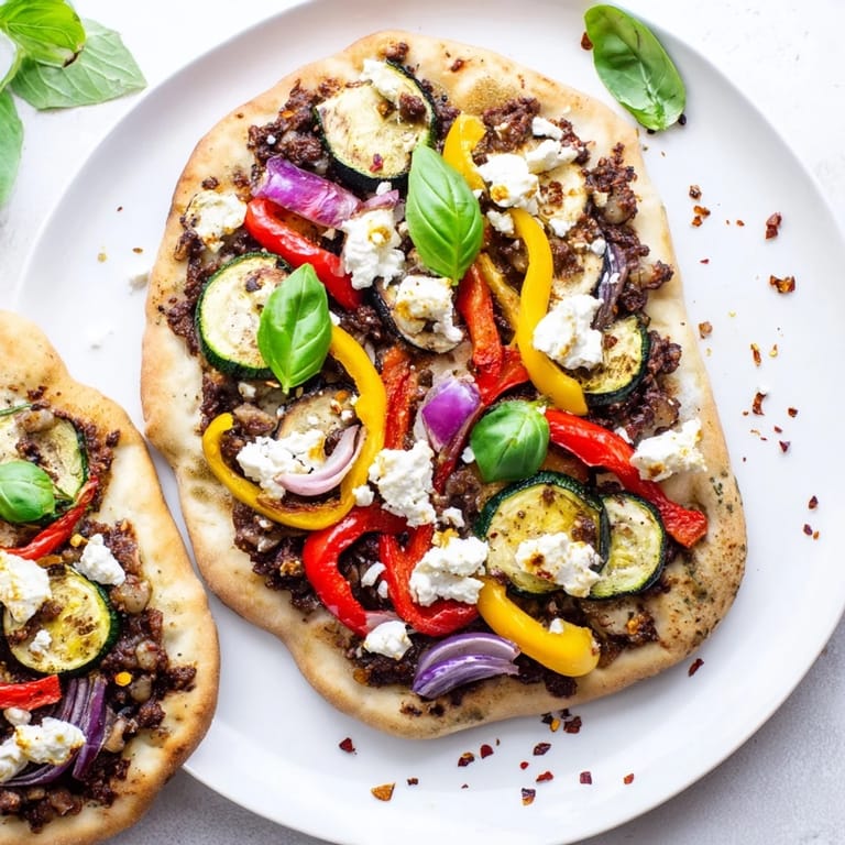 Golden-crusted Naan Bread Pizza, topped with vibrant veggies, tapenade, and crumbled feta.