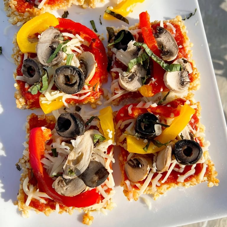 A close-up of vibrant Rice Cake Pizza Squares, featuring crispy rice cakes and colorful toppings.
