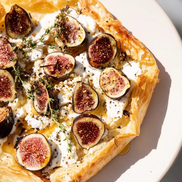 This close-up showcases a bubbling Puff Pastry Truffle Pizza, drizzled with honey and truffle oil.