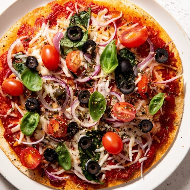 Close-up of a perfectly baked Crispy Tortilla Pizza, showcasing crispy edges and vibrant toppings.