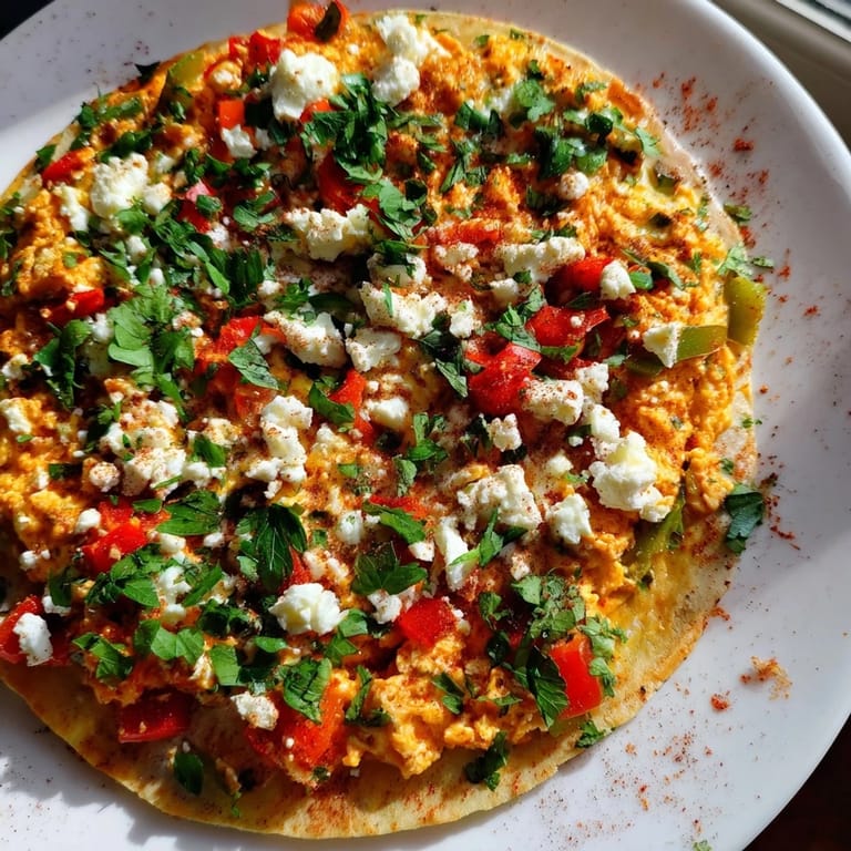Golden-crusted Turkish Menemen Eggs Pizza, a vibrant brunch dish, topped with fresh parsley.