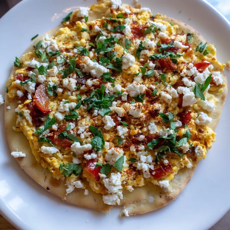 Close-up of bubbling Turkish Menemen Eggs Pizza, showcasing a flavorful tomato and egg topping.