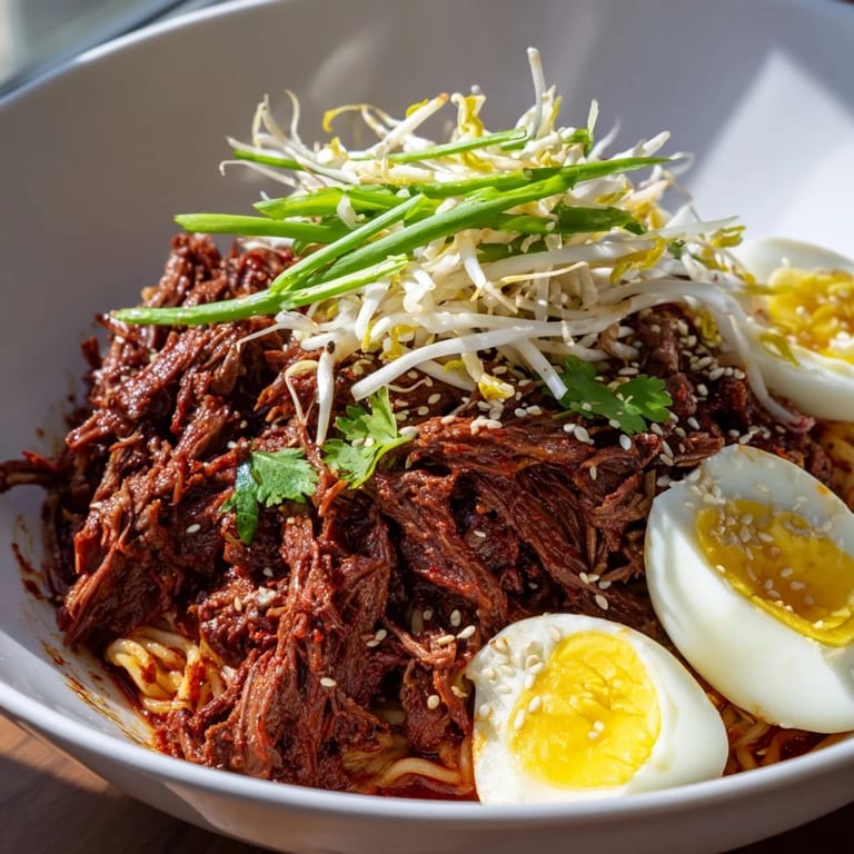 Enjoy a vibrant bowl of Chaos Cooking Birria Ramen with fresh toppings, ready to enjoy.
