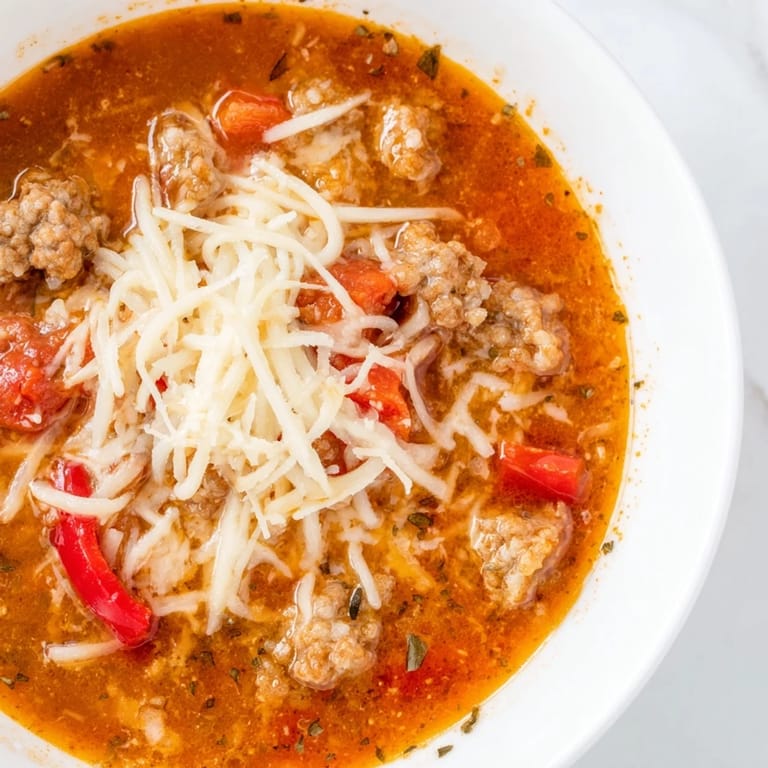 Hearty Pizza Soup in a white bowl with red bell peppers, onions, and gooey mozzarella, ready to be served with crusty bread.  