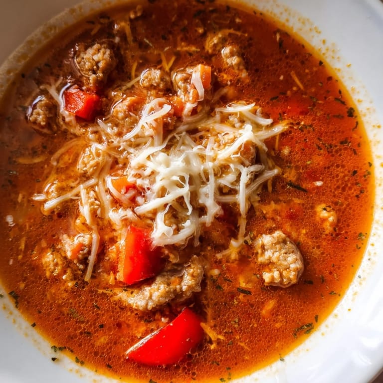 A ladle of rich Pizza Soup with Italian sausage and tomato sauce, garnished with fresh parsley, resting near a spoon.