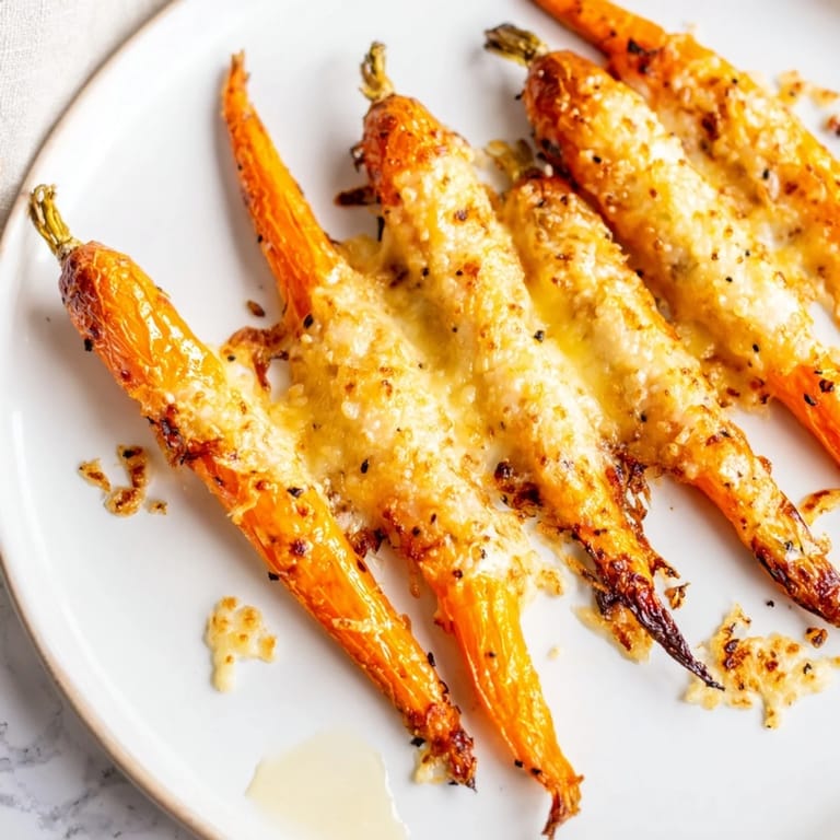 A close-up of tender baby carrot chips coated in melted Parmesan and a light honey drizzle, served warm.  