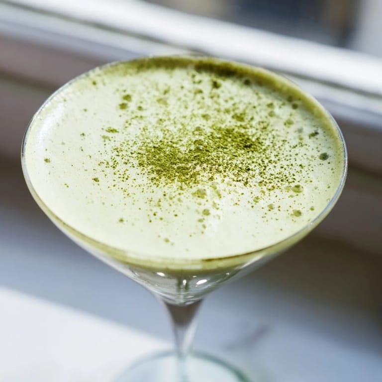 Vibrant green Matcha Martini Cocktail over ice, with creamy texture and a light dusting of matcha, ready to serve.  