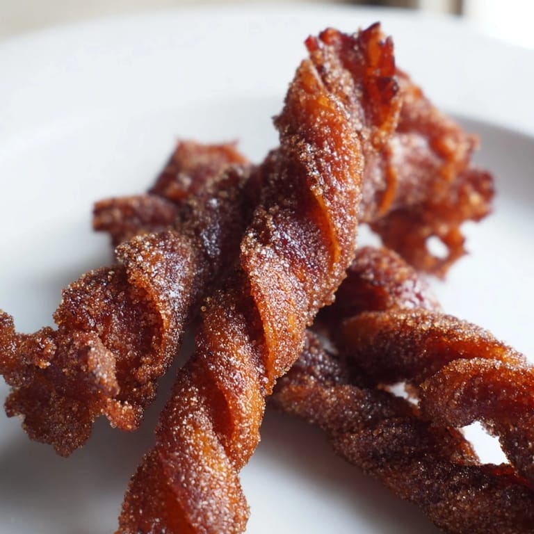Sweet and savory Spiced Bacon Twists glistening with caramelized sugar, perfect for a festive brunch or appetizer platter.