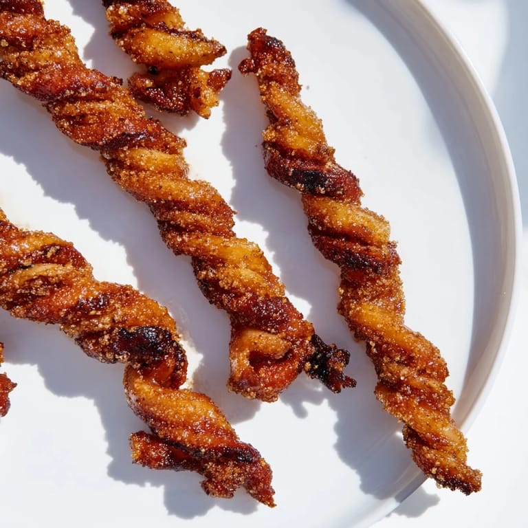 Crisp, oven-baked Spiced Bacon Twists twisted to perfection, releasing a warm, smoky aroma for your next snack.