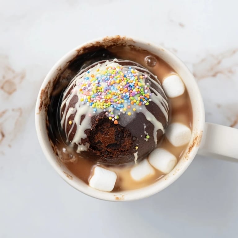A close-up of a broken hot chocolate bomb revealing its cocoa powder and mini marshmallows filling, perfect for sweet indulgence.