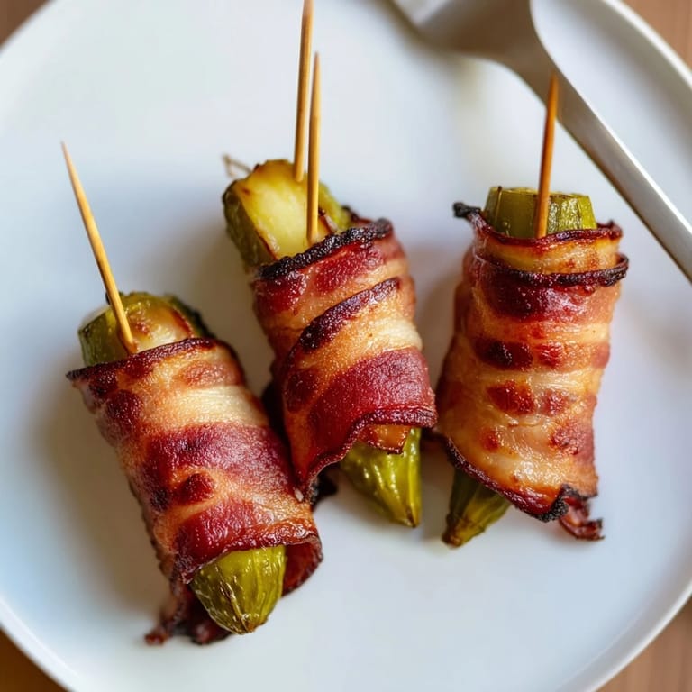 A close-up view of homemade Bacon-Wrapped Pickles, featuring smoky bacon tightly coiled around tangy dill pickle halves on a baking sheet.  