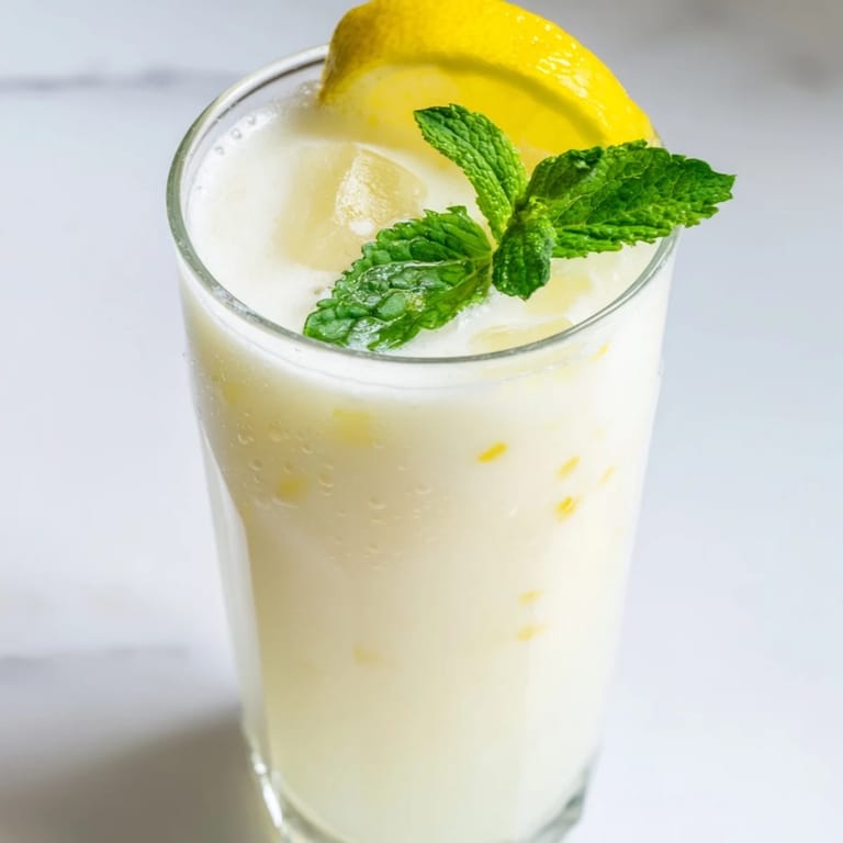 Creamy lemonade served in a chilled glass, garnished with mint and lemon slices, ready to enjoy.