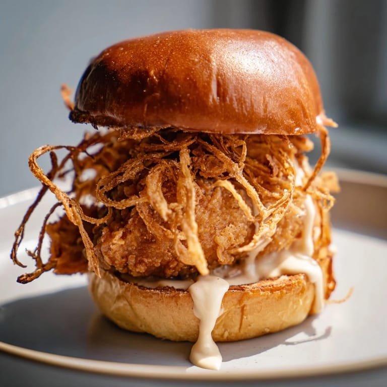 Juicy buttermilk-marinated Crispy Onion Chicken Sandwich with a mountain of crispy onions, ready to enjoy on a plate.