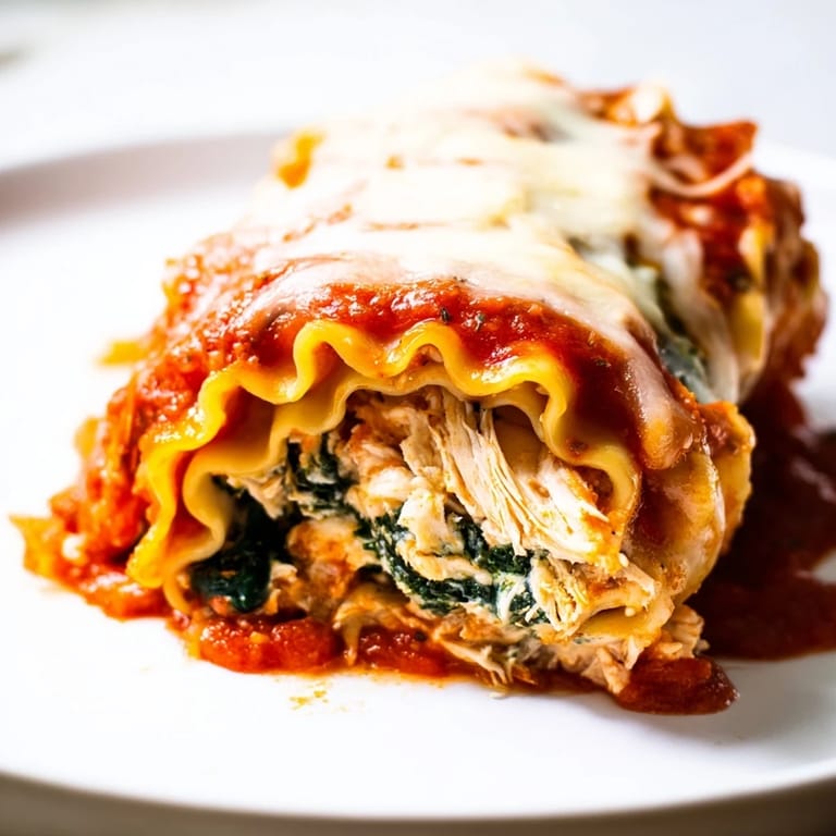 Freshly baked Chicken and Spinach Lasagna Rolls served on a white plate, garnished with parsley and ready for a comforting dinner.