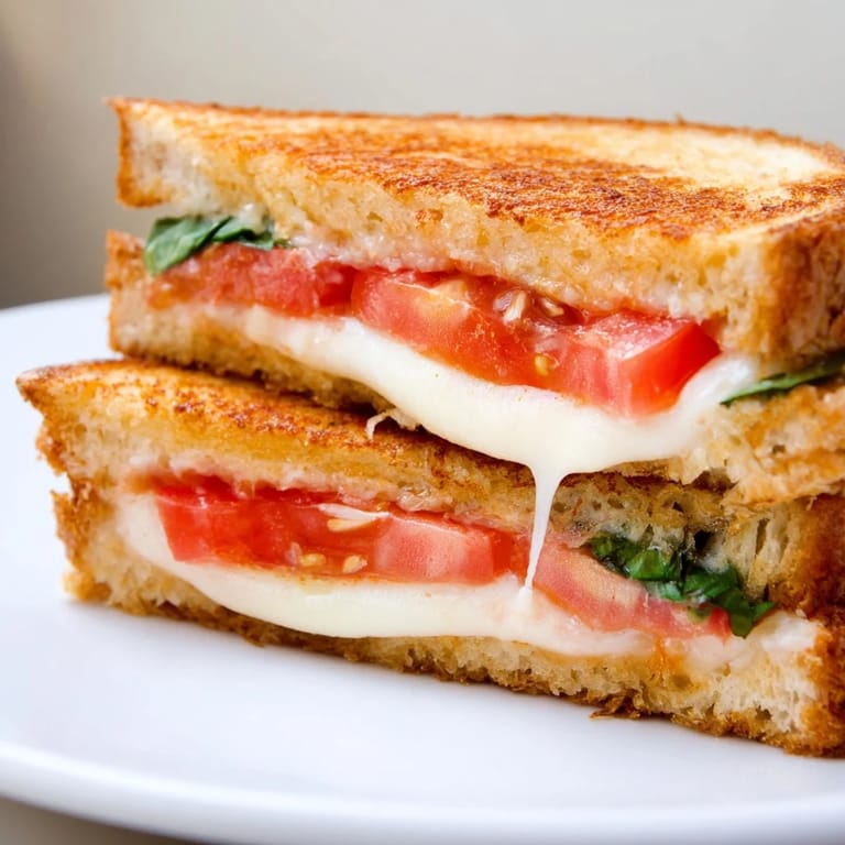 A close-up of Tomato Basil Grilled Cheese, where juicy tomato slices and aromatic basil peek from under melted, bubbly mozzarella.  
