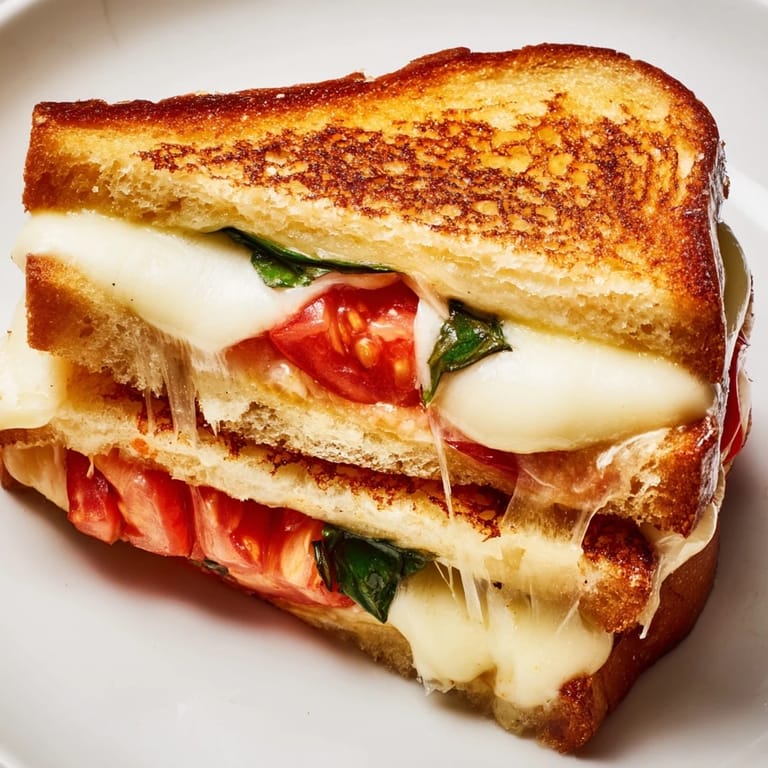 Two serving-sized Tomato Basil Grilled Cheese sandwiches, cut diagonally, revealing layers of creamy cheese and vibrant red tomatoes and green basil.
