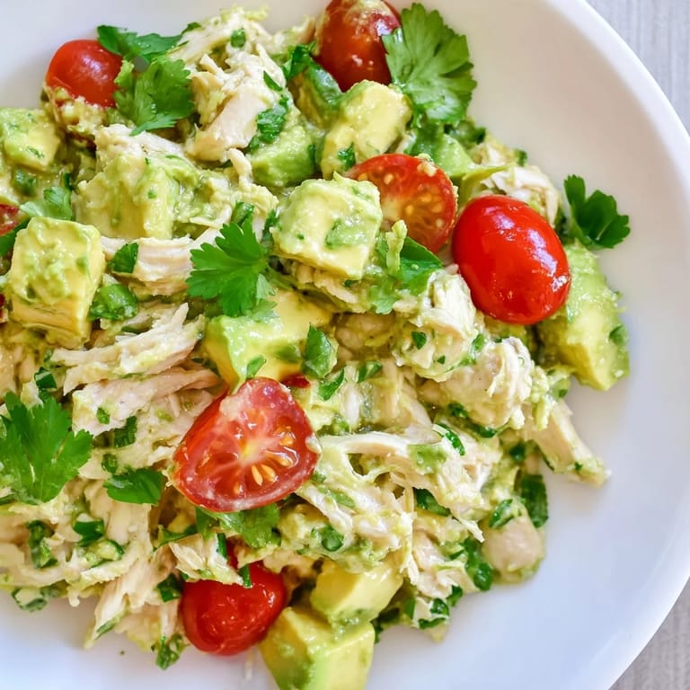 Vibrant green avocado chunks and juicy cherry tomatoes make this Avocado Chicken Salad pop, tossed with olive oil and fresh lime dressing.