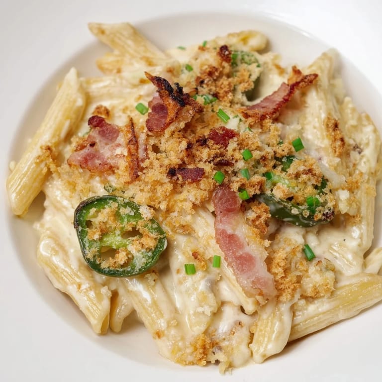 Roasted jalapeños and cheese sauce coat penne pasta in this spicy, comforting American-inspired main dish.