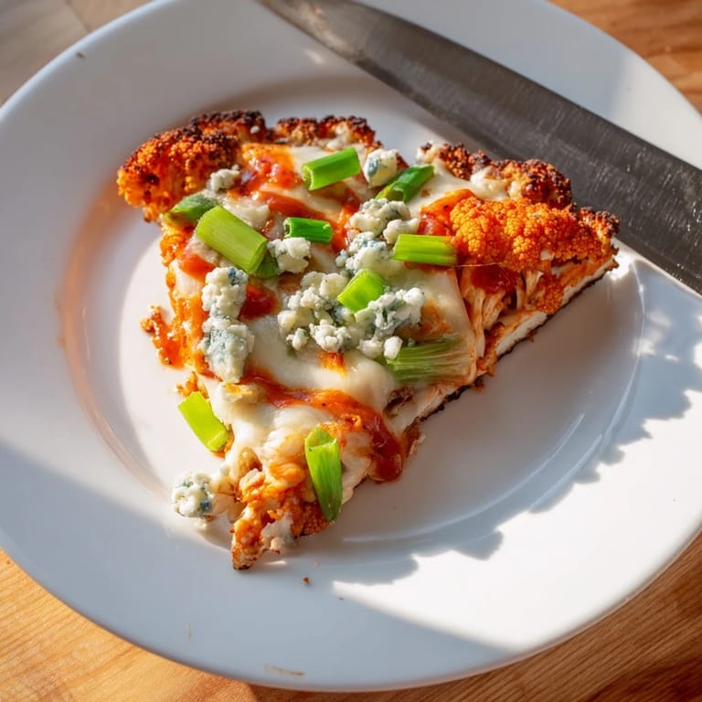 Freshly baked Buffalo Cauliflower Pizza topped with herbs and blue cheese crumbles, ready to serve.