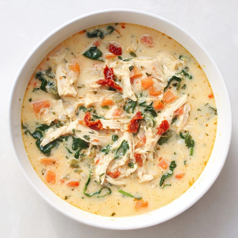 Steaming creamy Tuscan chicken soup featuring tender shredded chicken and vibrant spinach in a herb-infused broth.