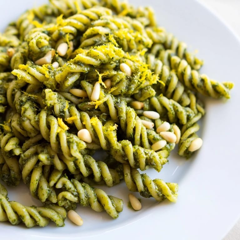 Close-up of Spring Green Pesto Pasta Salad featuring emerald peas, peppery arugula, and golden pine nuts tossed through creamy homemade basil pesto.