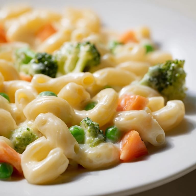 Close-up of Garden Veg Mac and Cheese with crunchy panko topping and vibrant vegetable mix.