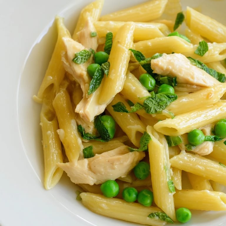 Spring-inspired pea and mint chicken pasta served with a glass of white wine, perfect for a quick weeknight dinner.