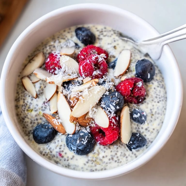 A close-up of chilled poppy seed chia pudding topped with raspberries, shredded coconut, and sliced almonds.  