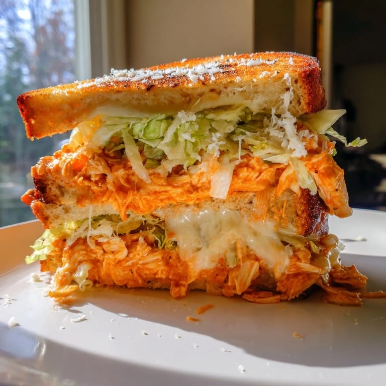 Buffalo Chicken Caesar Grilled Cheese is served on a wooden board with a side of extra dressing.