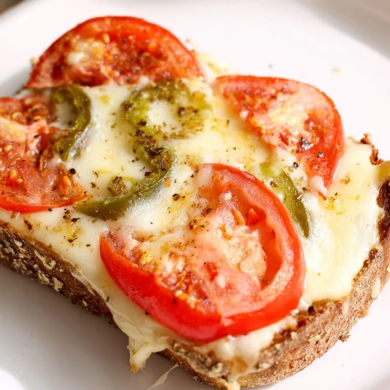 Freshly grilled pepper jack & tomato grilled cheese with golden crust, served beside a bowl of red tomato soup.